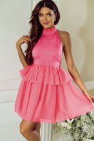 Gauze Ruffle Tiered Knotted Halter Dress