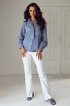 Ruffled Long Sleeve Buttoned Denim Shirt