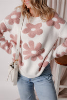 Textured Flower Drop Shoulder Loose Sweater