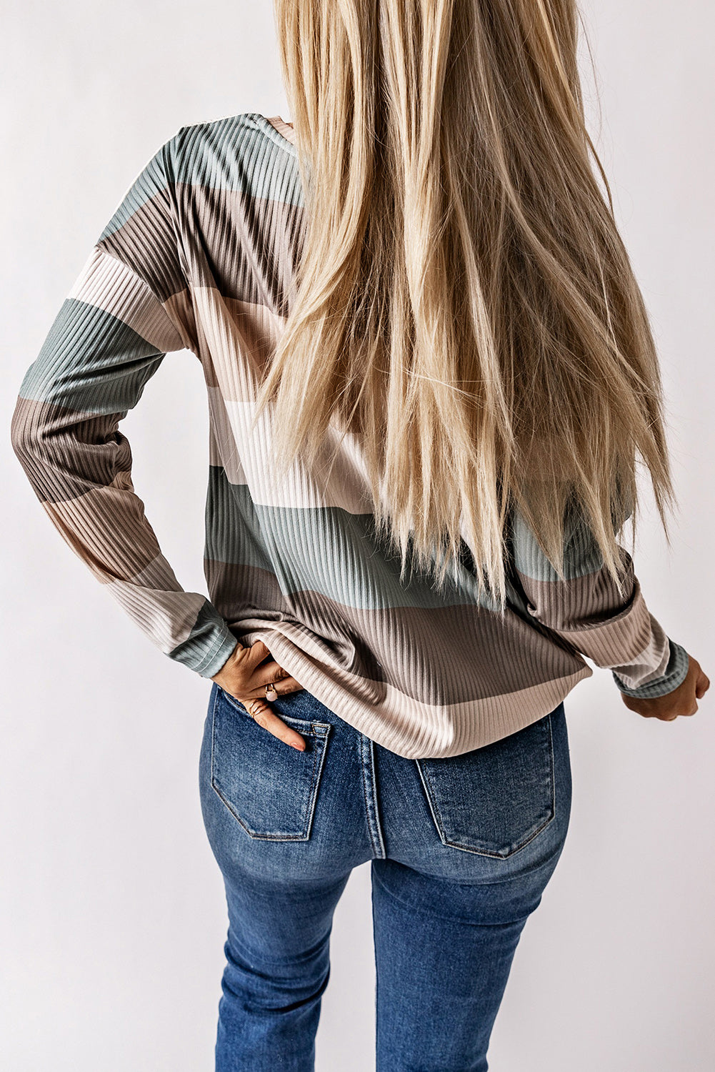 Color Block Ribbed Long Sleeve Top with Pocket