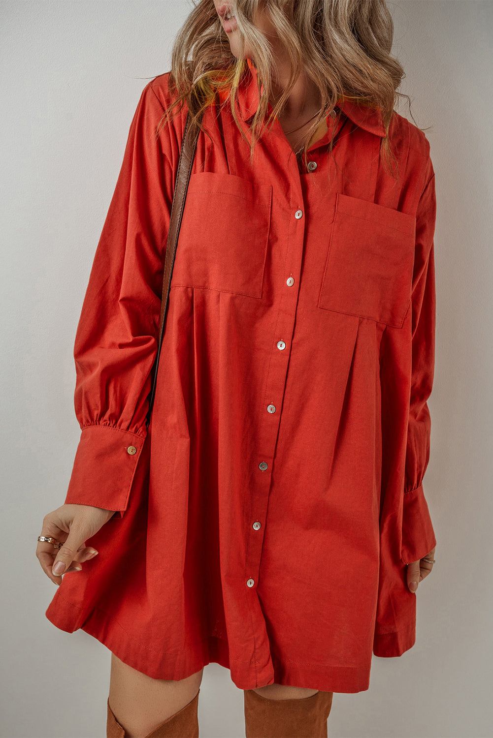 Bishop Sleeve Button Up Pleated Mini Shirt Dress