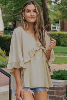 V Neck Draped Batwing Sleeve Ruffle Blouse