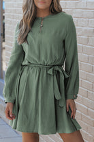 Button Neck Puff Sleeve Belted Pleated Mini Dress