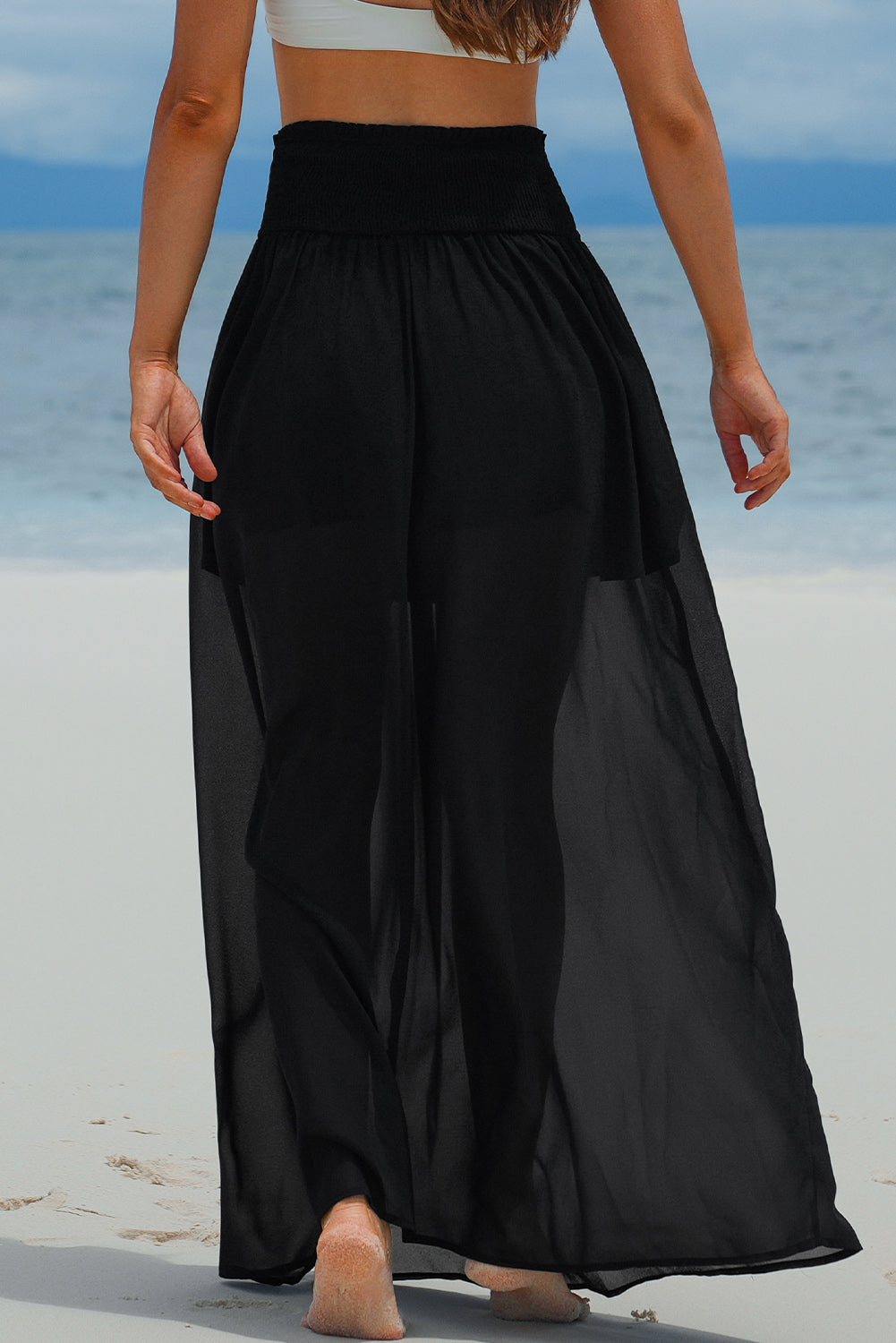 Shirred High Waist Chiffon Split Beach Maxi Skirt