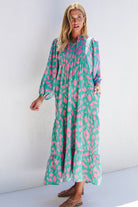 Abstract Print Puff Sleeve Tied Notched Neck Long Dress