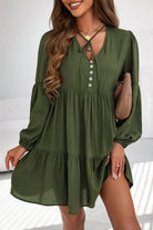 Lace Puff Sleeve Buttoned Tiered Ruffled Mini Dress