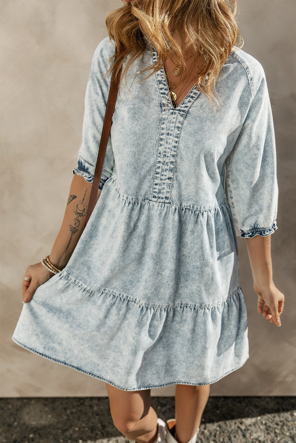 Acid Wash Retro Half Sleeve Flared Denim Dress