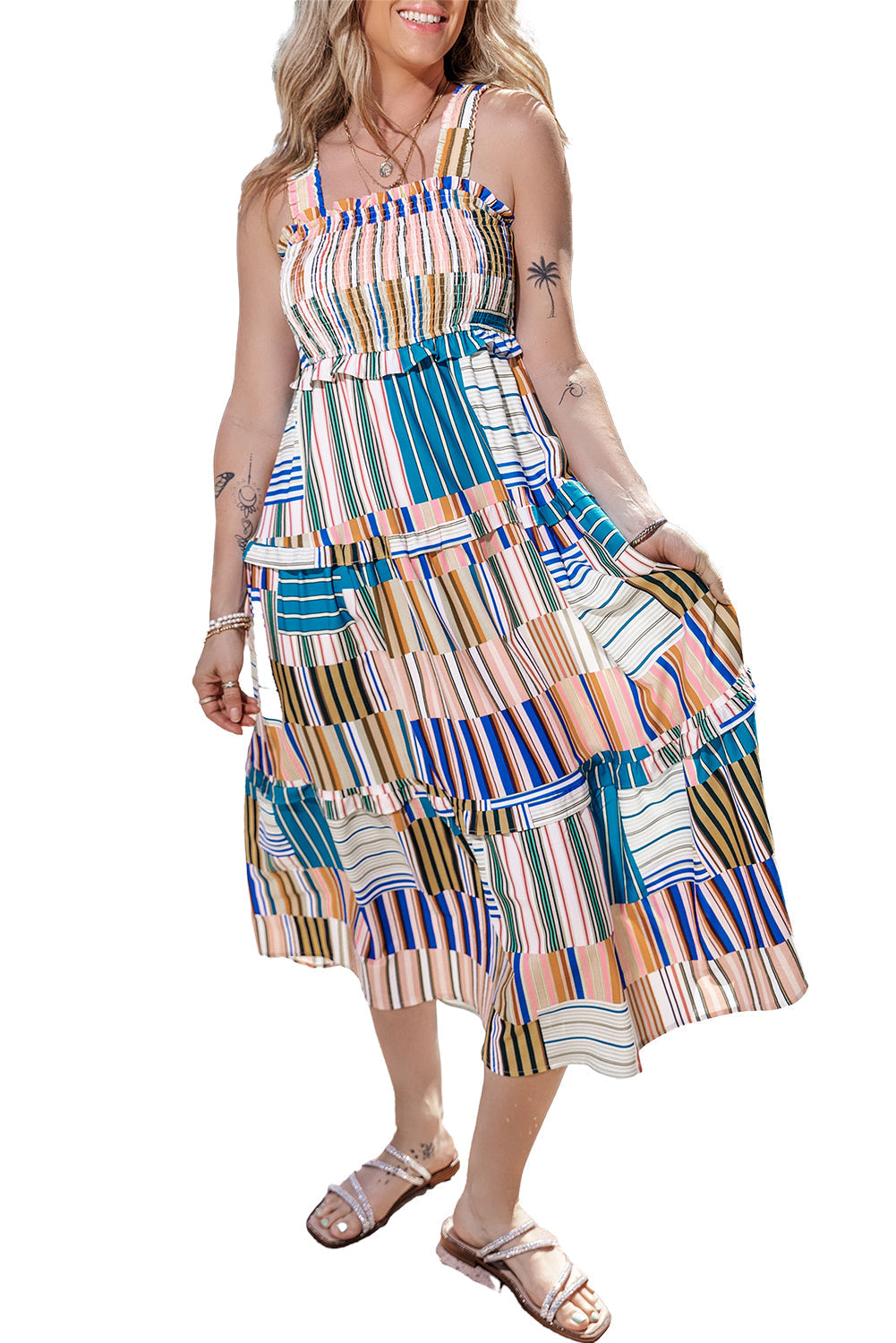 Mix Striped Wide Straps Smocked Tiered Maxi Dress