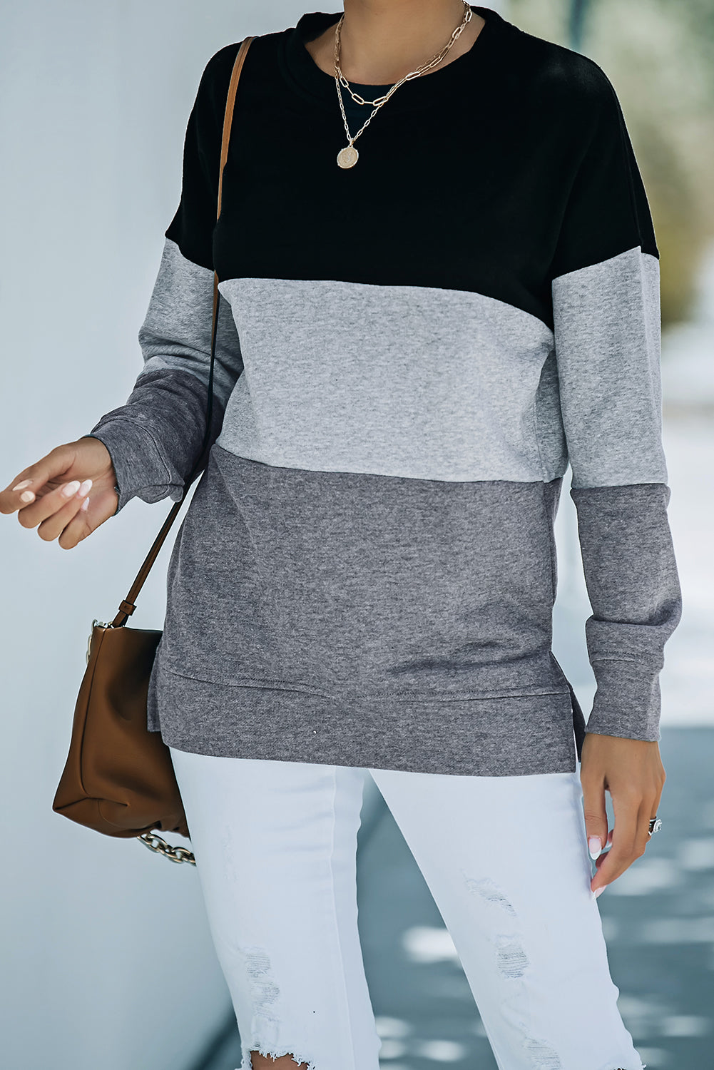 Colorblock Contrast Stitching Sweatshirt with Slits