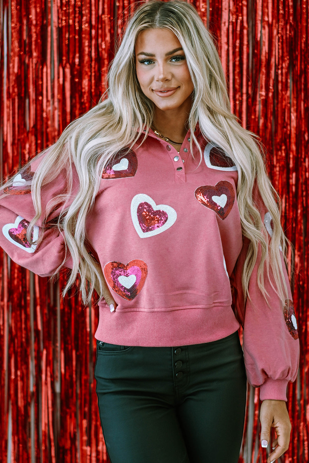 Mineral Wash Sequin Heart Snap Buttons Collared Sweatshirt