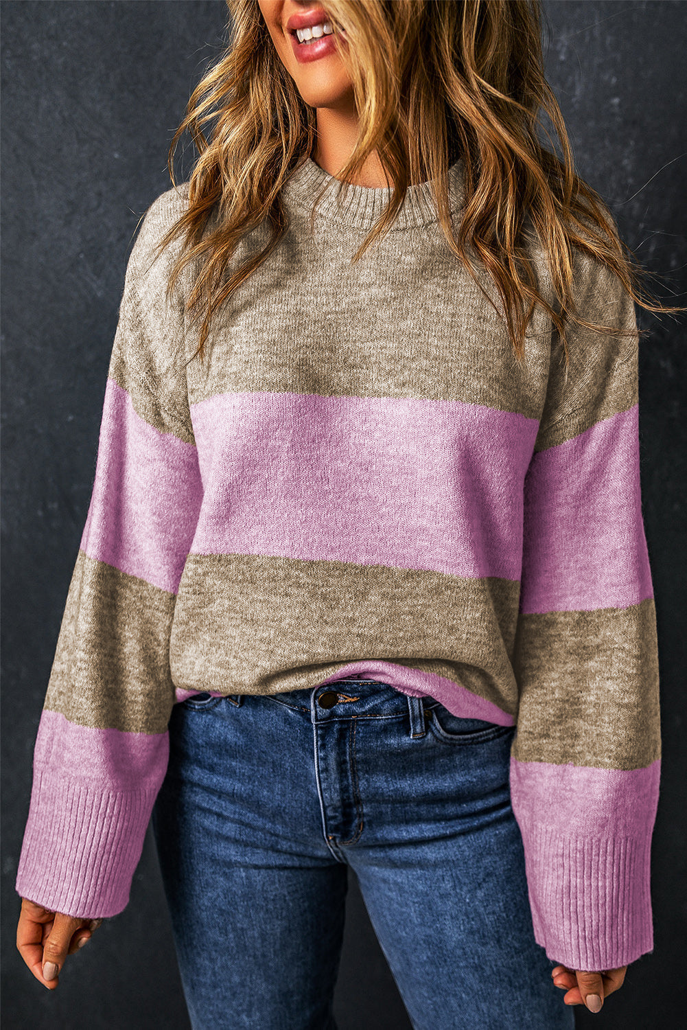 Crew Neck Wide Sleeve Colorblock Sweater